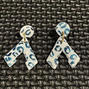 NEW White & Blue Leopard Print Resin & Polymer Clay Dangle Stud Earrings
